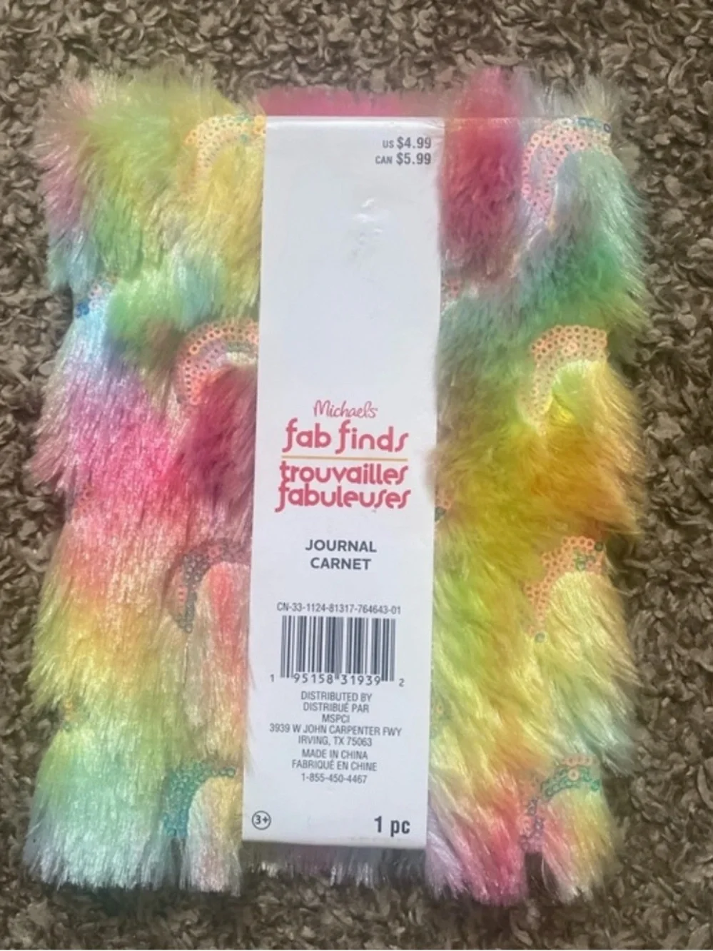 Multicolor Rainbow Faux Fur Journal with Sequin Moon Details